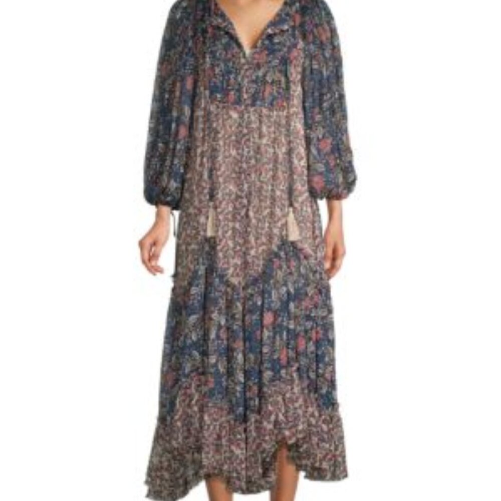 Bohemian Floral Tiered Midi Dress in Navy Multi